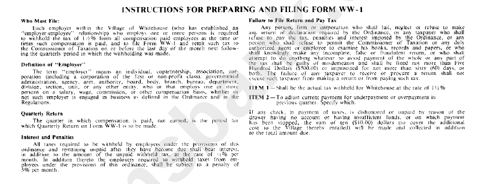Instructions For Preparing And Filling Form Ww-1 - Village Of Whitehouse