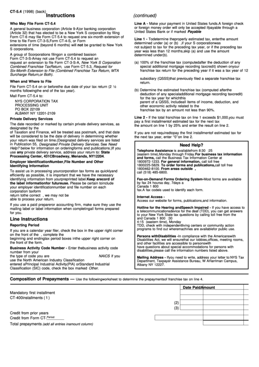 Form Ct-5.4 - Instructions - Nys Corporation Tax - 1998 Printable pdf