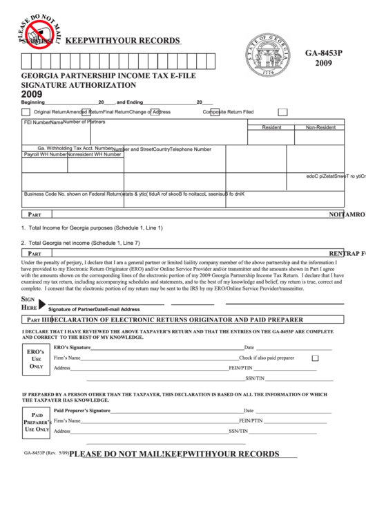 Form Ga-8453p - Georgia Partnership Income Tax E-File Signature Authorization - 2009 Printable pdf