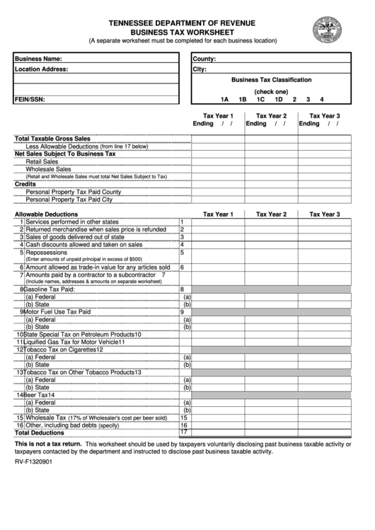 Form Rv-F1320901 - Business Tax Worksheet - Tennessee Department Of Revenue Printable pdf