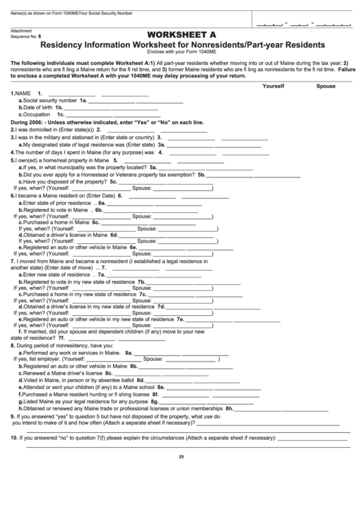 Form 1040me - Worksheet A Residency Information Worksheet For Nonresidents/part-Year Residents, Worksheet B - Income Allocation Worksheet For Nonresidents/part-Year Residents, Worksheet C - Employee Apportionment Worksheet Printable pdf