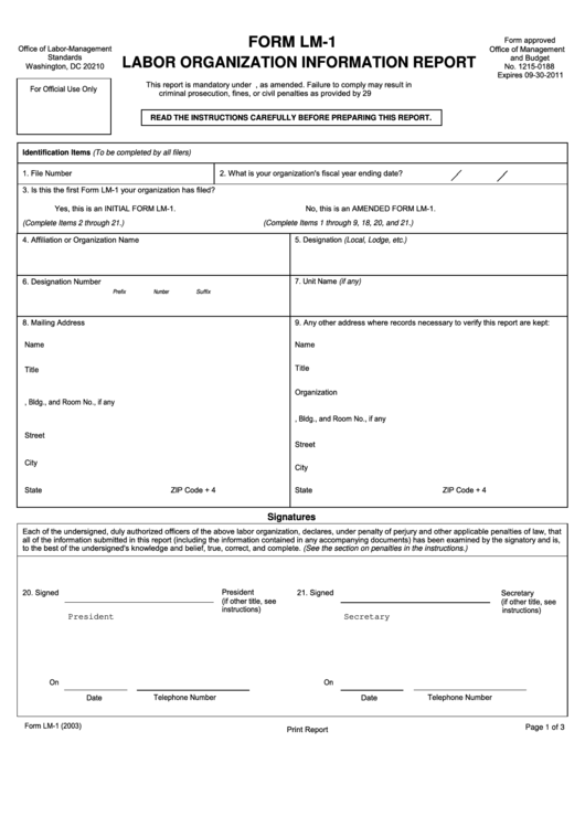 Fillable Form Lm-1 - Labor Organization Information Report Printable pdf