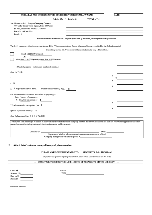 Cellular Fees 65+6 - Minnesota 9-1-1 Program Form Printable pdf