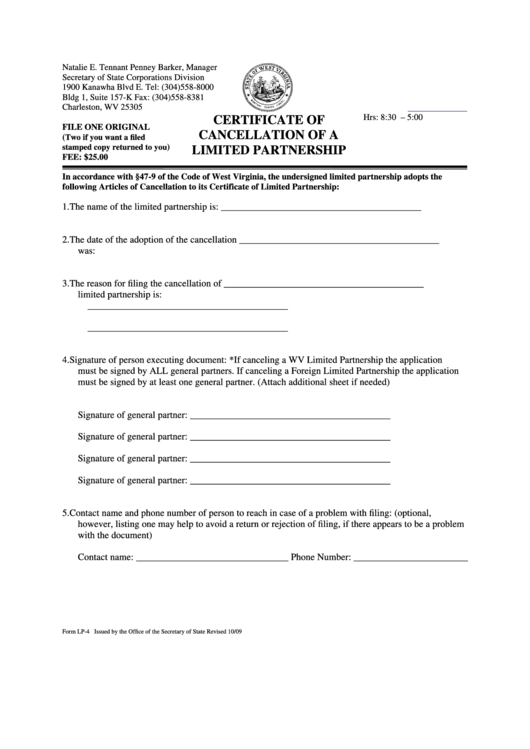 Fillable Form Lp-4 - Certificate Of Cancellation Of A Limited Partnership Printable pdf