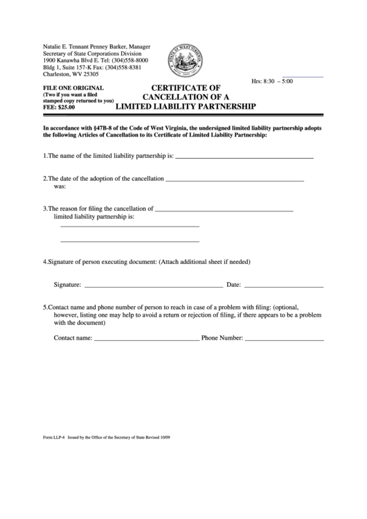 Fillable Form Llp-4 - Certificate Of Cancellation Of A Limited Liability Partnership Printable pdf