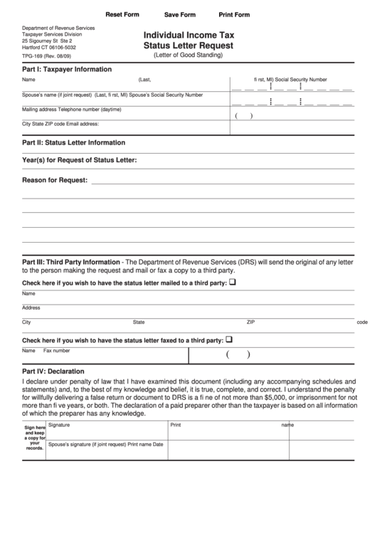 Fillable Form Tpg-169 - Individual Income Tax Status Letter Request - Department Of Revenue Services Printable pdf