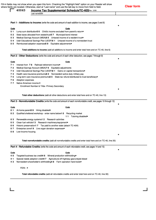 Fillable Form Tc-40s - Income Tax Supplemental Schedule Printable pdf