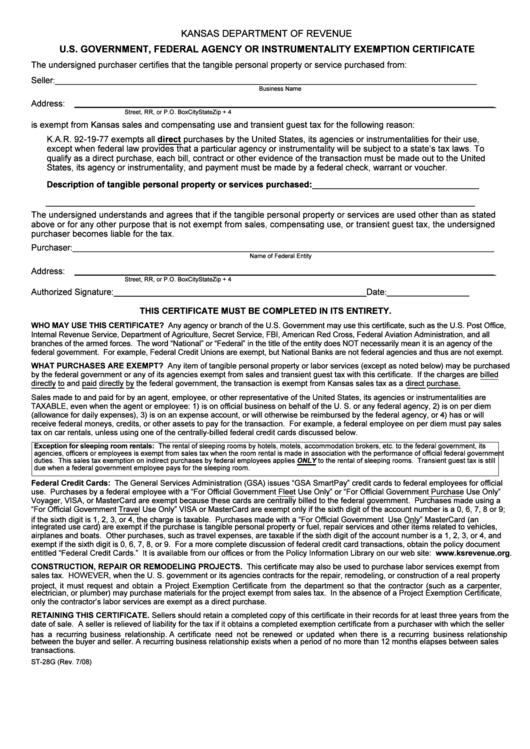 U.s. Government, Federal Agency Or Instrumentality Exemption Certificate Form - Kansas Department Of Revenue Printable pdf