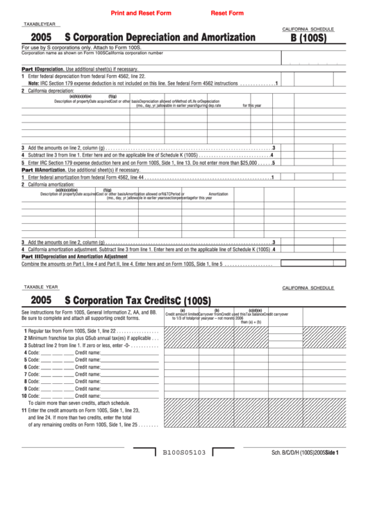 Fillable California Schedule B (100s) - S Corporation Depreciation And Amortization - 2005 Printable pdf
