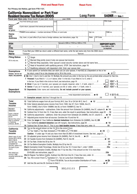 Fillable Form 540nr C1 - California Nonresident Or Part-Year Resident Income Tax Return 2005 Printable pdf