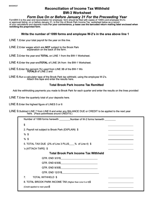 Form Bw-3 - Reconciliation Of Income Tax Withheld Printable pdf