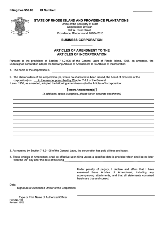 Fillable Form 101 - Business Corporation Articles Of Amendment To The Articles Of Incorporation - State Of Rhode Island And Providence Plantations Printable pdf