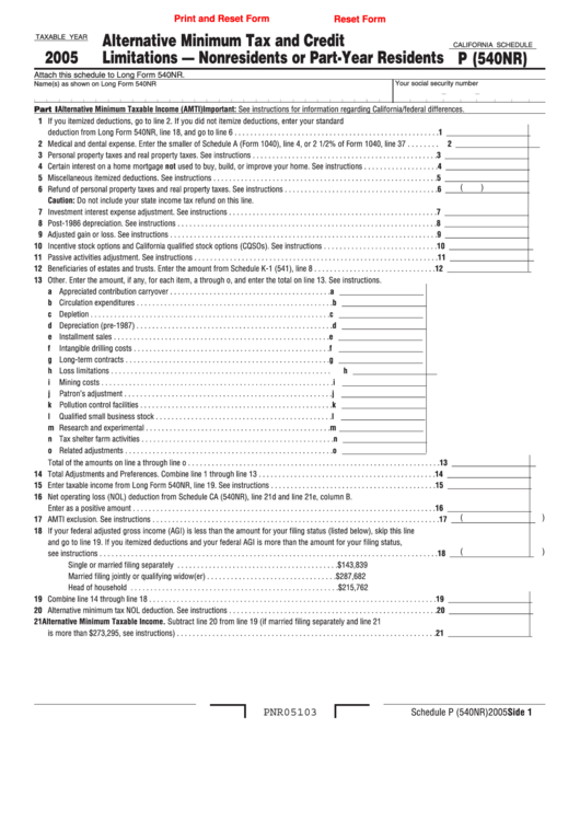 Fillable California Schedule P (540nr) - Alternative Minimum Tax And Credit Limitations Nonresidents Or Part-Year Residents - 2005 Printable pdf