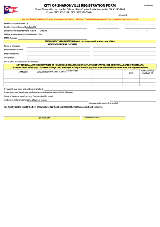Fillable Form Rf-I - City Of Sharonville Registration Form Printable pdf