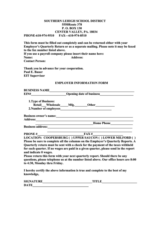 Employer Information Form Printable pdf