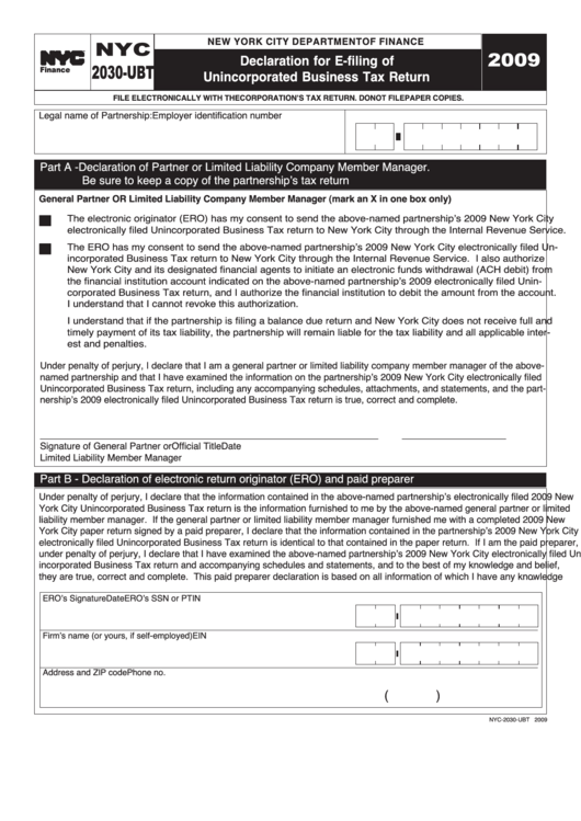 Form Nyc-2030-Ubt - Declaration For E-Filing Of Unincorporated Business Tax Return - 2009 Printable pdf