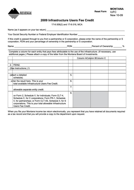 Fillable Form Iufc New 10-09 - 2009 Infrastructure Users Fee Credit Printable pdf