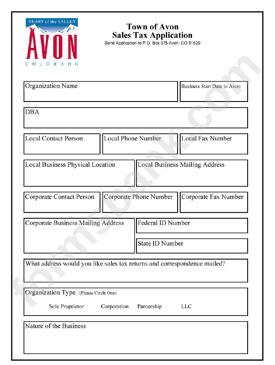 Sales Tax Application Form - Town Of Avon