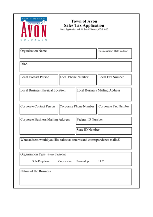 Fillable Sales Tax Application Form - Town Of Avon Printable pdf