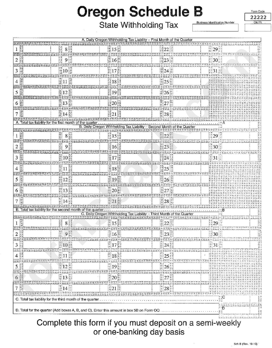 Oregon Schedule B - State Wuthholding Tax Printable Pdf Download