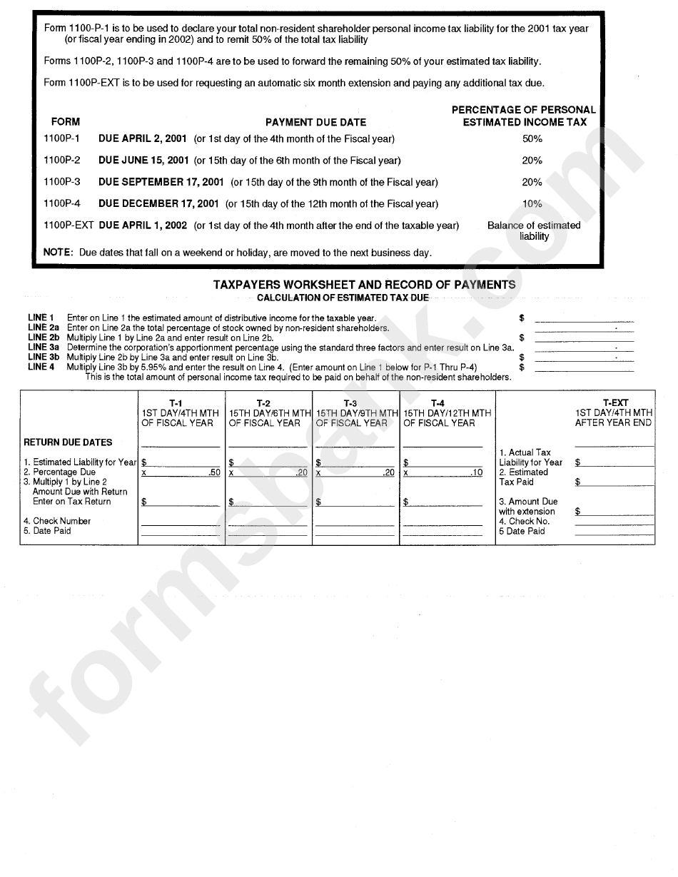 Form 1100p - Payment Of Personal Income Tax By "S" Corporations