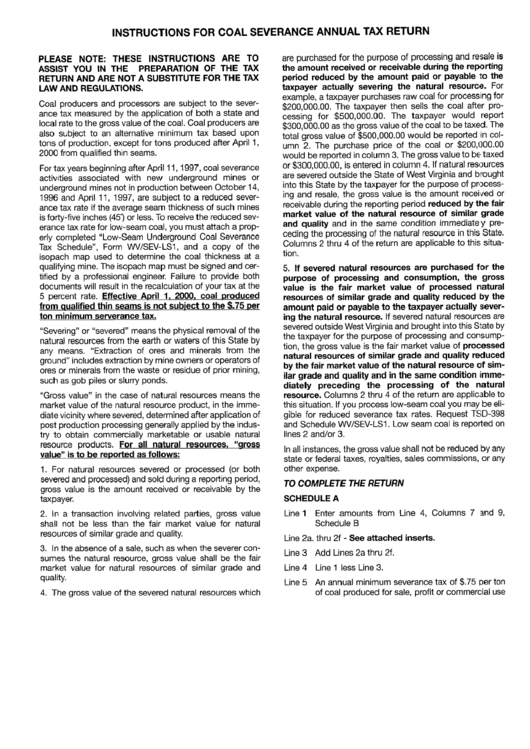 Form Wv/sev-Ls1 - Instructions For Coal Annual Tax Return Printable pdf