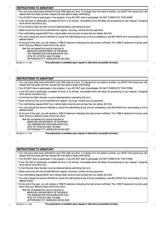 Form Mo 860-2111 - Instructions To Annuitant - Missouri Department Of Revenue Printable pdf