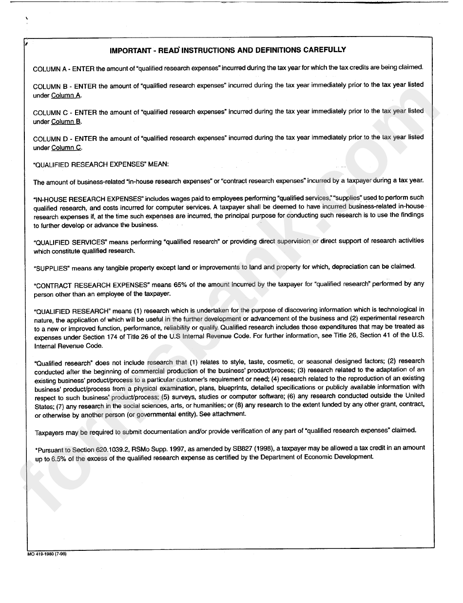 Form Mo 419-1980 - Instructions - Missouri Department Of Economic Development