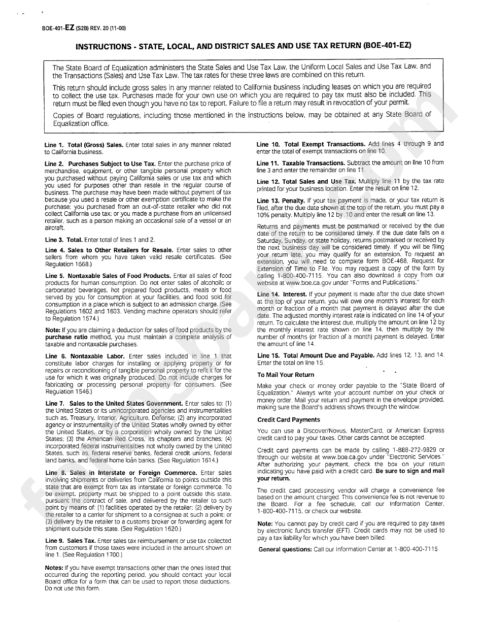 Form Boe401Ez Instrunctions State, Local, And District Sales And