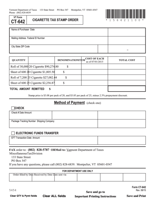 Fillable Vt Form Ct-642 - Cigarette Tax Stamp Order Printable pdf