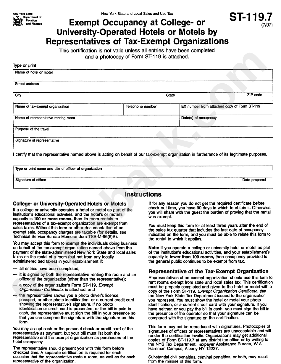 Form St-119.7 - Exempt Occupancy At College- Or University-Operated Hotels Or Motels By Representatives Of Tax-Exempt Organizations