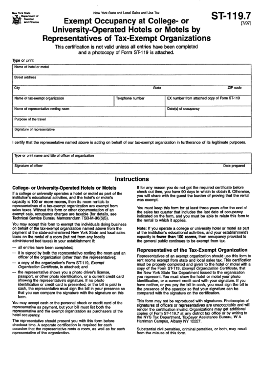 Form St-119.7 - Exempt Occupancy At College- Or University-Operated Hotels Or Motels By Representatives Of Tax-Exempt Organizations Printable pdf