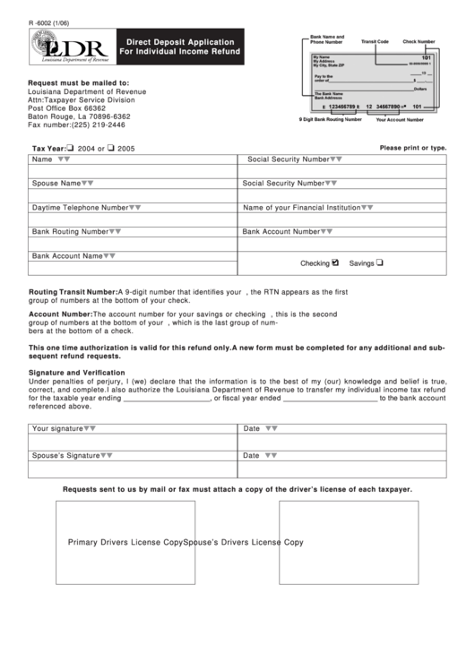 Fillable Form R-6002 - Direct Deposit Application For Individual Income Refund - 2006 Printable pdf