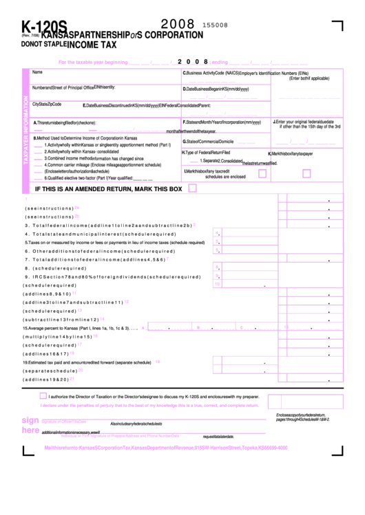 Form K-120s - Kansas Partnership Or S Corporation Income Tax - 2008 Printable pdf