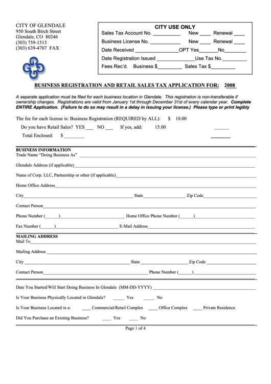 Business Registration And Retail Sales Tax Application For: 2008 - City Of Glendale Printable pdf