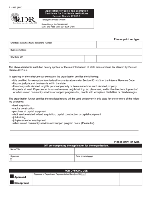 Fillable Form R -1385 - Application For Sales Tax Exemption Certificate For Charitable Institutions Printable pdf