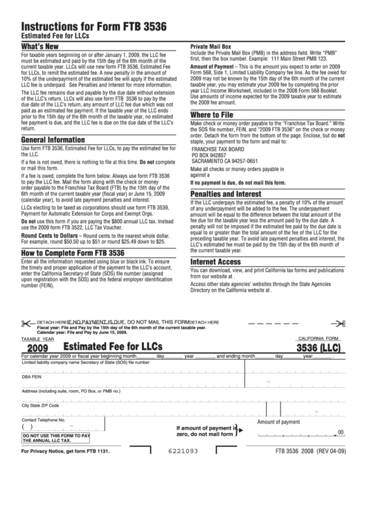 Fillable California Form Ftb 3536 (Llc) - Estimated Fee For Llcs - 2009 Printable pdf