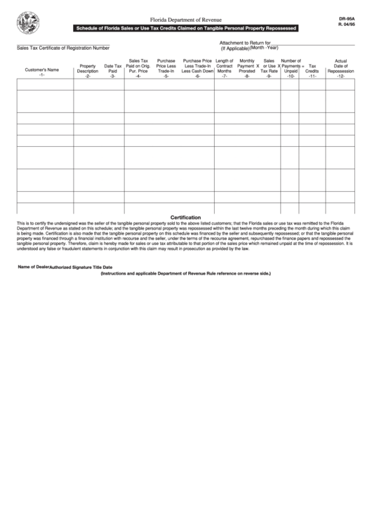 Form Dr-95a - Schedule Of Florida Sales Or Use Tax Credits Claimed On Tangible Personal Property Repossessed Printable pdf