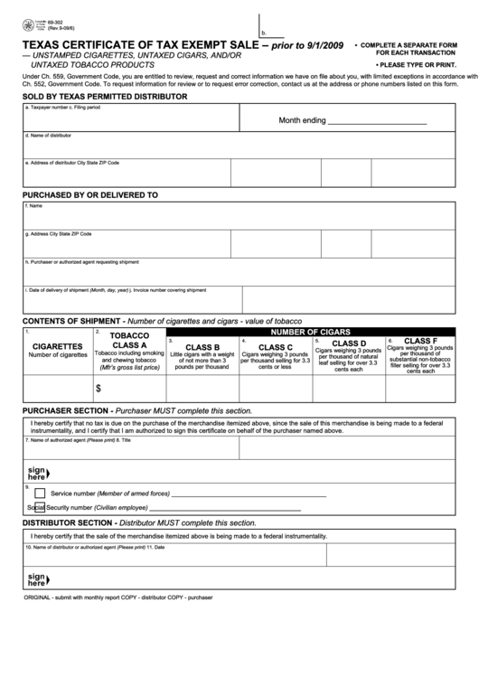 Fillable Form 69-302 - Texas Certificate Of Tax Exempt Sale - 2009 Printable pdf