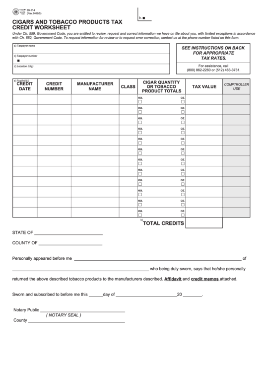 Fillable Form 69-114 - Cigars And Tobacco Products Tax Credit Worksheet Printable pdf