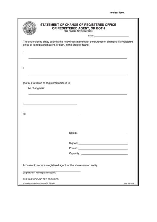 Fillable Statement Of Change Of Registered Office Or Registered Agent, Or Both - 2008 Printable pdf