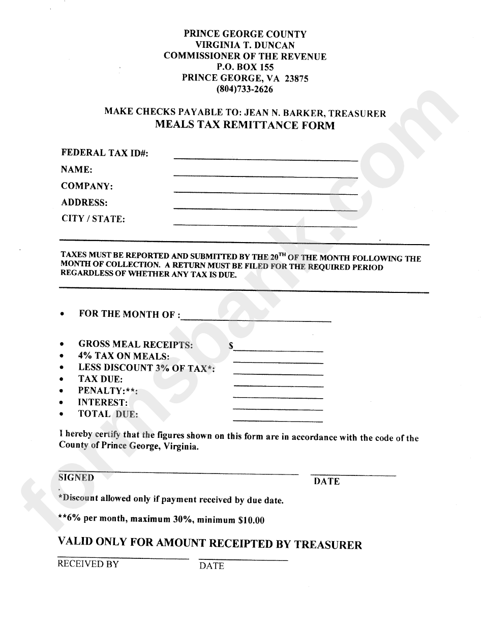 Meals Tax Remittance Form - Prince George County Virginia