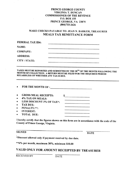 Meals Tax Remittance Form - Prince George County Virginia Printable pdf