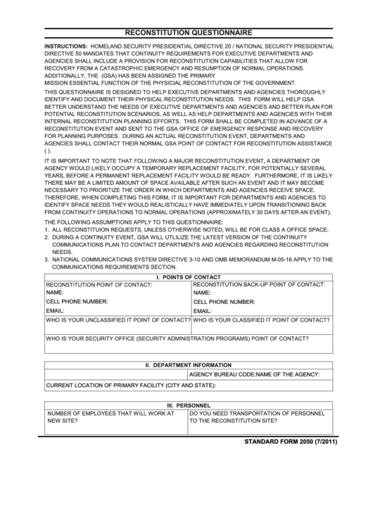 Fillable Form 2050 - Reconstitution Questionnaire - 2011 Printable pdf