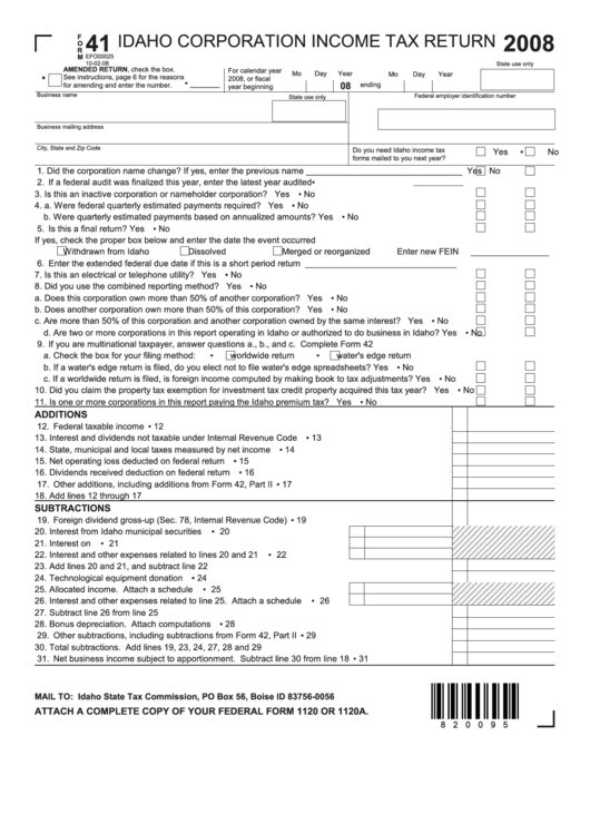 Form 41 - Idaho Corporation Income Tax Return - 2008 Printable pdf