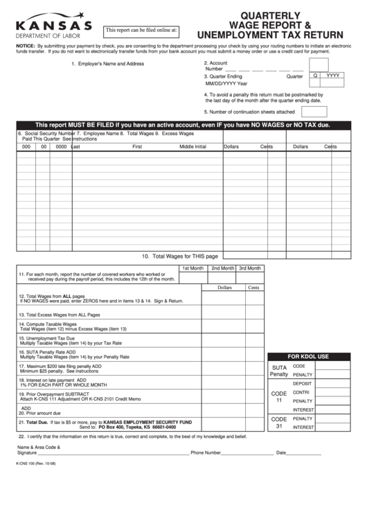 Form K-Cns 100 - Quarterly Wage Report & Unemployment Tax Return Printable pdf
