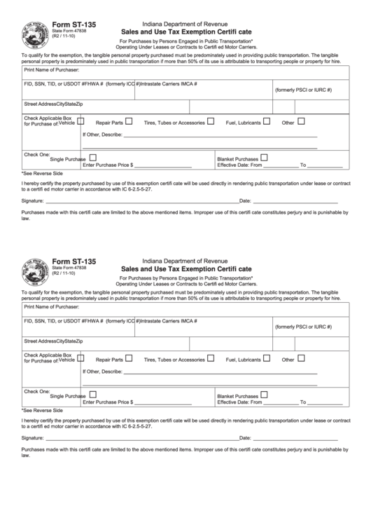 Fillable Form St-135 - Sales And Use Tax Exemption Certificate - Indiana Department Of Revenue - 2010 Printable pdf