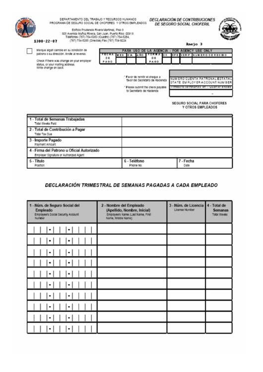 Form 1300-22-07 - Declaracion De Contrubuciones De Seguro Social Choferil Printable pdf