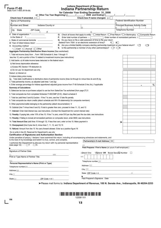 Fillable Form It-65 - Indiana Partnership Return - 2008 Printable pdf