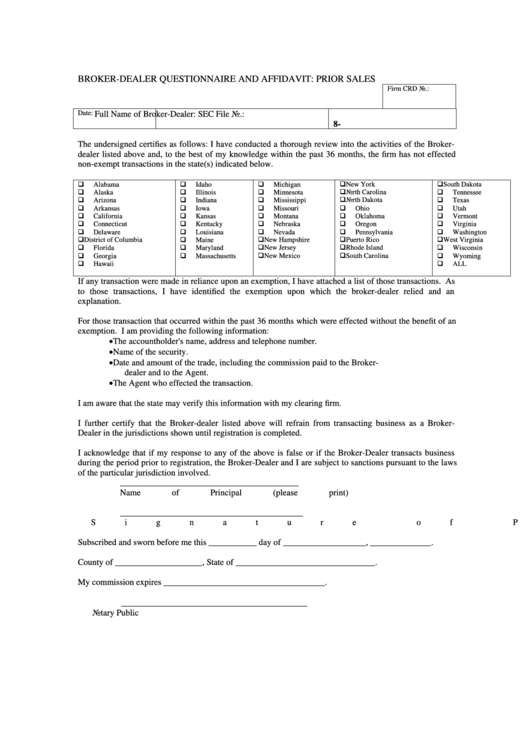 Broker-Dealer Questionnaire And Affidavit: Prior Sales Printable pdf